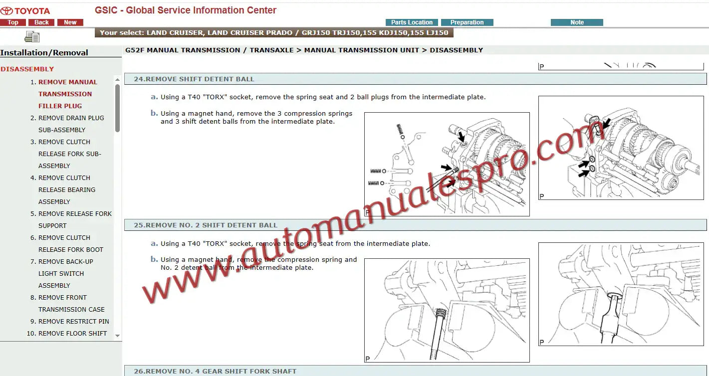 Manual de servicio y reparación interactivo oficial Toyota para la serie Land Cruiser, correspondiente a las diferentes transmisiones de este modelo.