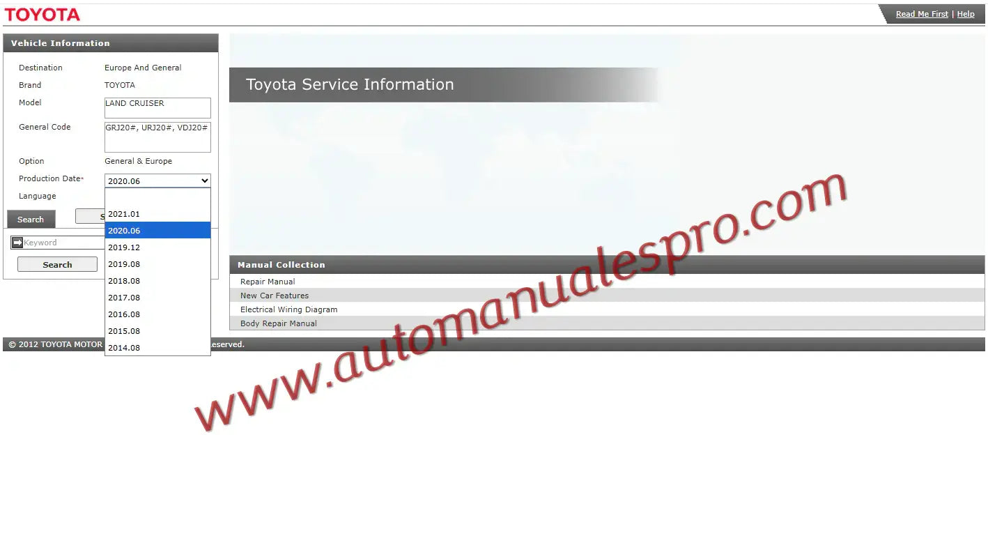 Visual del manual interactivo oficial Toyota para la serie Land Cruiser, incluye Manual de Reparación, Nuevas características, diagramas y diagnósticos eléctricos, así como reparación de la carrocería.