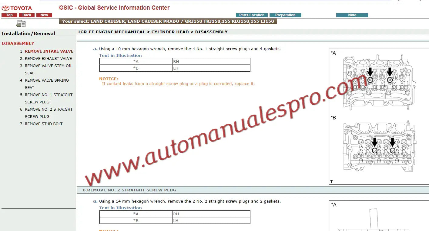 Manual de Taller interactivo oficial Toyota para la serie Land Cruiser, correspondiente a reparación del motor.