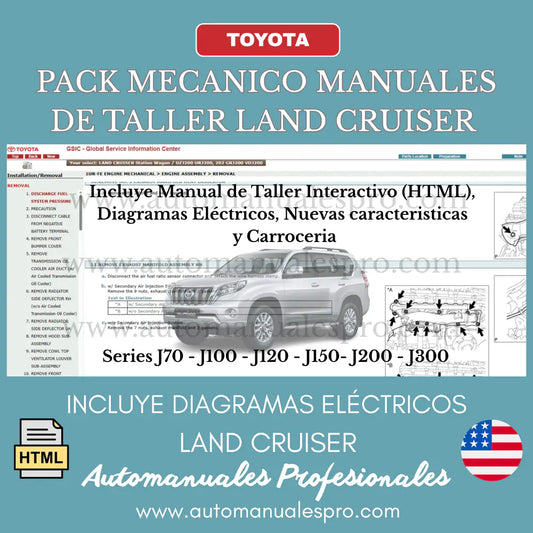 Pack mecánico de manual de taller para toda la serie Toyota Land Cruiser, incluyendo diagramas eléctricos, nuevas características y carrocería.