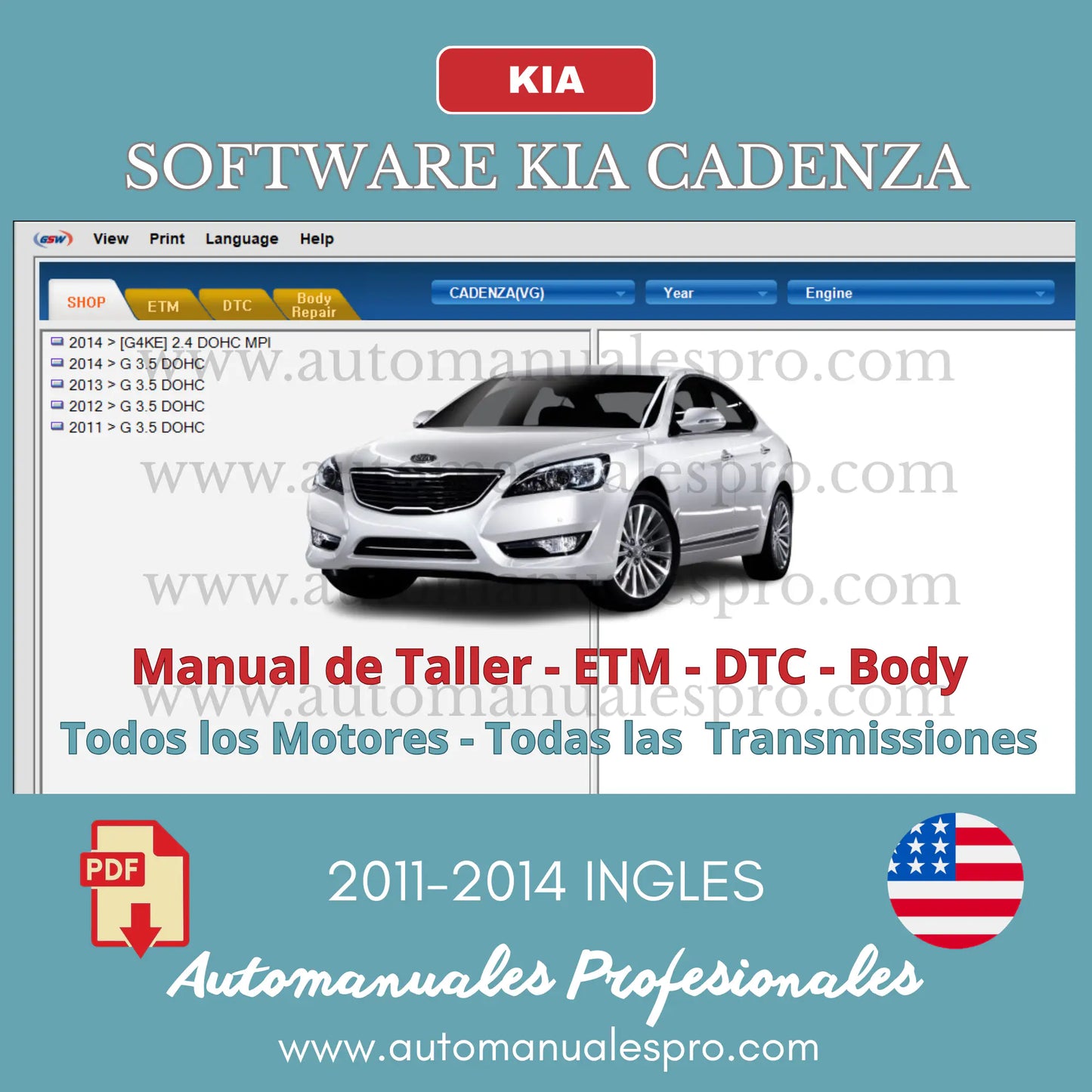 Software de taller automotriz para KIA Cadenza (VG) años 2011 al 2014. Toda la información de motor o transmisión del vehículo. Integra planos eléctricos de conexiones, sistemas de diagnóstico, base de datos de códigos de avería (DTC) y el manual de reparaciones de carrocería.