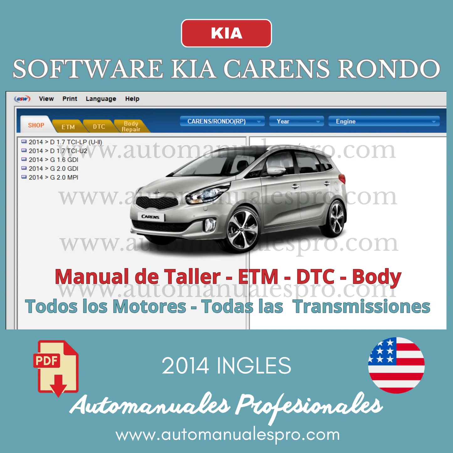 Software de reparación para KIA Carens / Rondo (RP) año 2014. Documentación completa que cubre todos los motores y transmisiones de este año. Incluye los diagramas eléctricos, localización de averías y diagnósticos, códigos DTC, junto al manual de colisión y carrocería.