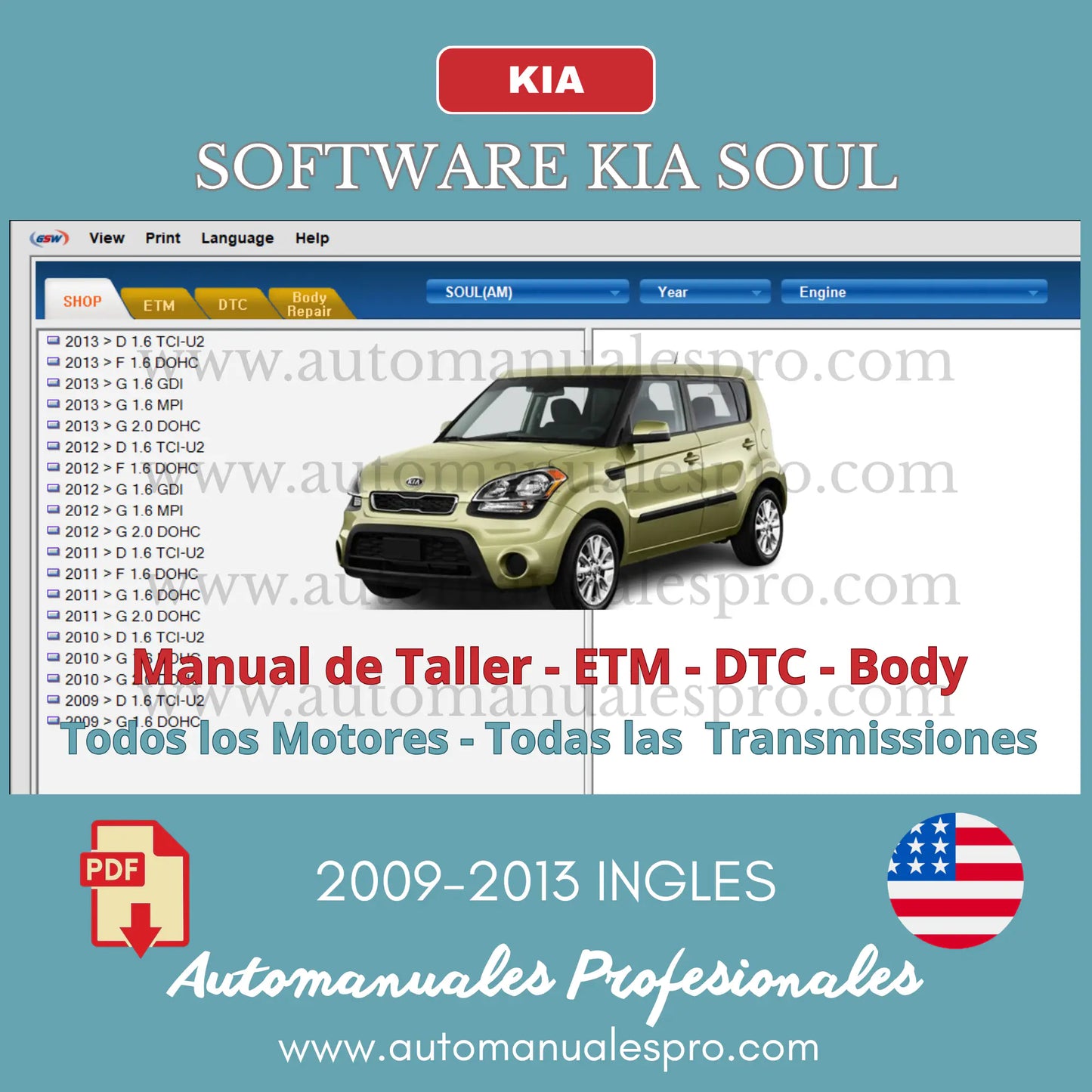 El software contempla todas las variantes de motorización y tipos de transmisión. Ofrece soporte completo con diagramas de cableado eléctrico, procedimientos de diagnóstico, interpretación de códigos DTC y toda la información de latonería y chasis.