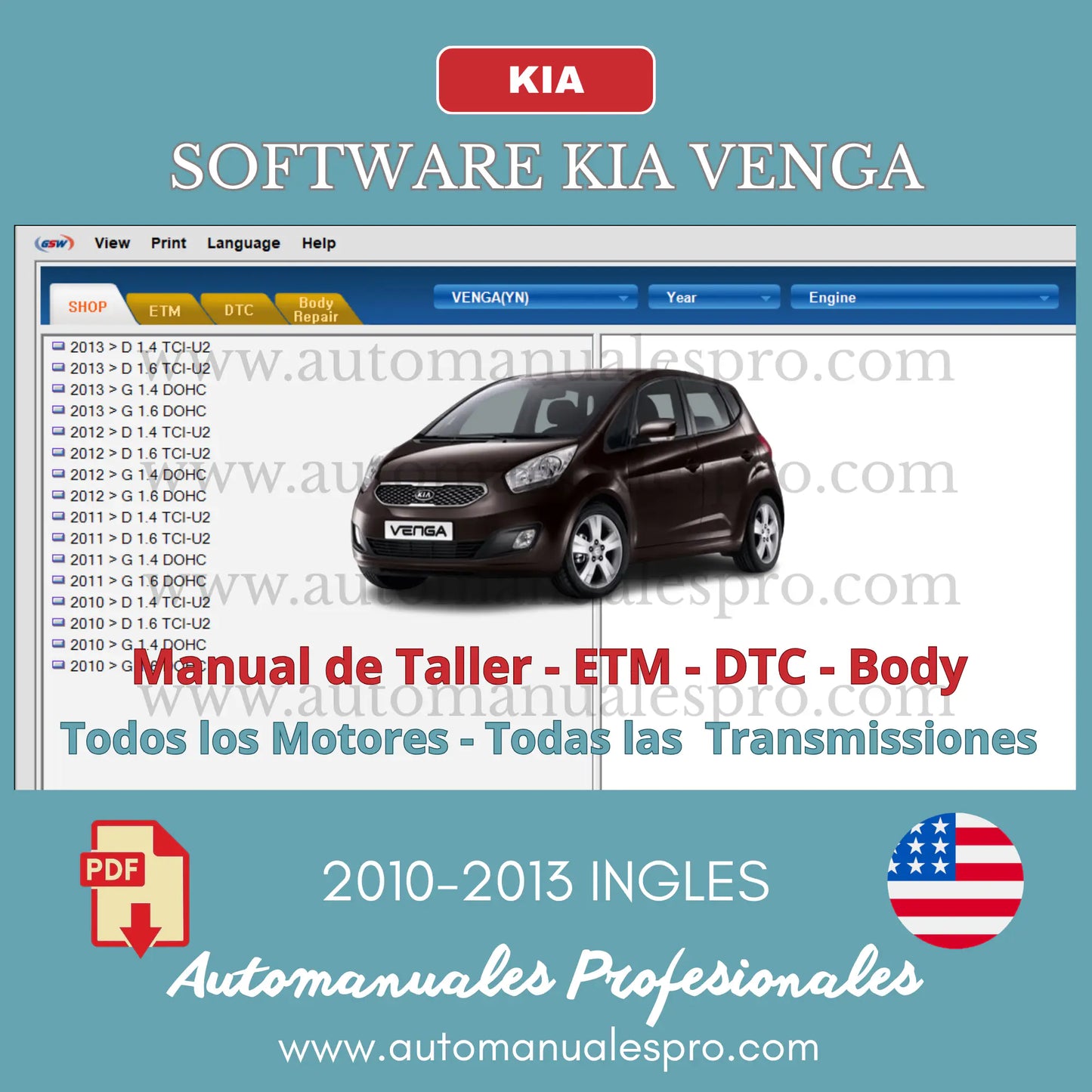 Software de mantenimiento y reparación Kia Venga (YN) ediciones 2010 a 2013. Contiene la información técnica para la diversidad de motores y transmisiones del modelo. Suma a su contenido los esquemas eléctricos de distribución, pautas de diagnóstico automotriz, el listado maestro de códigos DTC y el manual de restauración de chapa y carrocería.